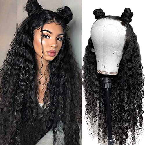 13x4 HD transparente tiefe Wellen-Lace-Front-Perücke, Echthaar-Perücke für schwarze Damen, tiefe Wellen, nass gewellt, vorgezupft mit natürlichem Babyhaar, 180 % Dichte, 56 cm, natürliche Farbe von Qangelabeauty