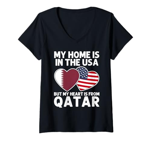 Damen My Home USA My Heart Qatar Qatari American Pride Flagge T-Shirt mit V-Ausschnitt Damen My Home USA My Heart Qatar Qatari American Pride Flagge T-Shirt mit V-Ausschnitt von Qatar Pride Flag Apparel