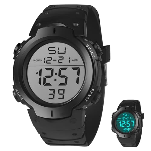 Herren Uhren Digital Sport Outdoor LED Armbanduhr IPX4 wasserdichte Uhr Schwarz große Gesicht Militär Sportuhr Ultradünn Weitwinkel Anzeige Digitaluhren mit Alarm/Kalender/Stoppuhr/Doppelzeit/12/24H von Qaum
