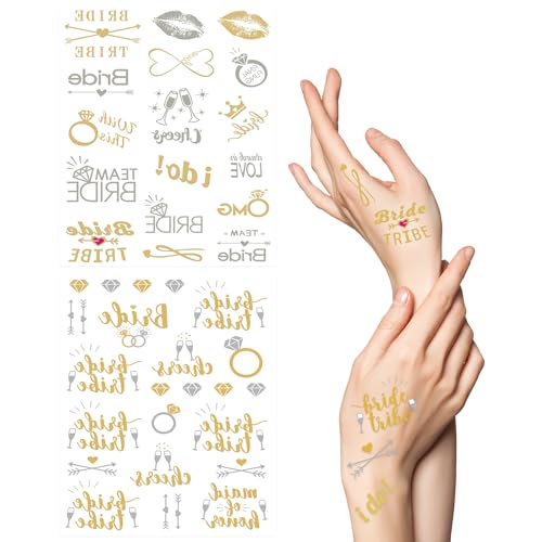 2 Blatt Junggesellinnenabschied Tattoo Gold Team Bride Tattoo JGA Frauen Tattoo Team Braut Temporäre Tattoos für Hochzeit und JGA Deko von Qaziuy