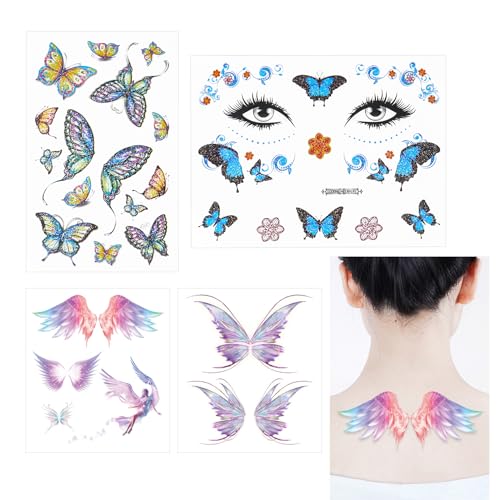 4 Blätter Schmetterling Tattoos Gesicht Karneval Schmetterling Tattoos Glitzer Klebetattoos Erwachsene Schmetterling Aufkleber für Karneval Geburtstage Party Cosplay von Qaziuy