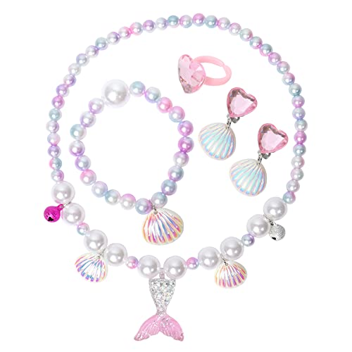 5 Stück Meerjungfrau Schmuck für Mädchen,Meerjungfrau Kinder Schmuck mit Halskette, Ringe, Armbänder, Ohrring, Armbänder,Meerjungfrau-Prinzessin-Schmuck für Mädchen Party Dress up Geburtstagsgeschenk von Qaziuy