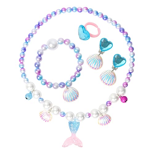 5 Stück Meerjungfrau Schmuck für Mädchen,Meerjungfrau Kinder Schmuck mit Halskette, Ringe, Armbänder, Ohrring, Armbänder,Meerjungfrau-Prinzessin-Schmuck für Mädchen Party Dress up Geburtstagsgeschenk von Qaziuy