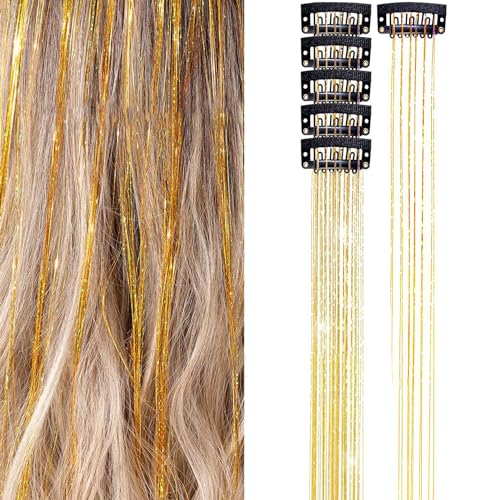 6 Stück Clip in Hair Tinsel HaarsträHnen Zum Einklipsen Gold HaarsträHnen Kinder Glitzer Haar Tinsel Hair Extension für Frauen Mädchen Kinder von Qaziuy