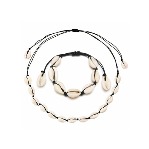 Qaziuy 2 Stück Muschel Halskette Armband Set,Damen Muschel Halskette Natürliche Muschel Armband Schmuck Verstellbares Boho Muschelkette für Damen Mädchen Sommer Strand Schmuck von Qaziuy