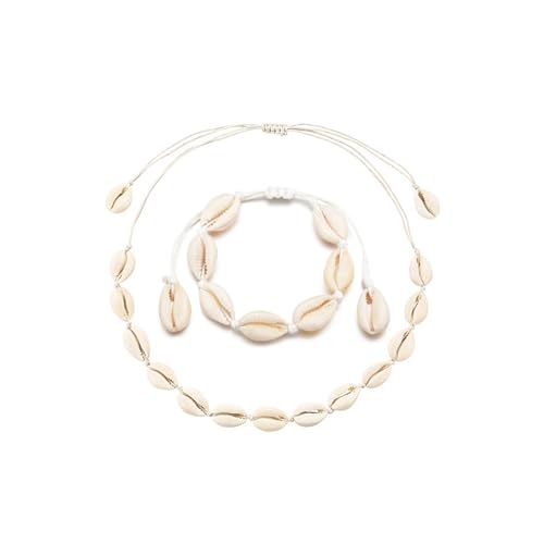 Qaziuy 2 Stück Muschel Halskette Armband Set,Damen Muschel Halskette Natürliche Muschel Armband Schmuck Verstellbares Boho Muschelkette für Damen Mädchen Sommer Strand Schmuck von Qaziuy