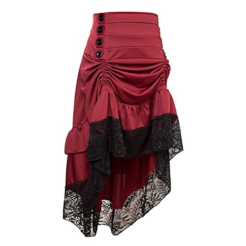 Qbuds Damen-Rock mit verstellbarer Raffung, kurz oder lang, Gothic-Look, Übergrößen erhältlich, lange Schleppe im Vintage-Stil, langer Korsett-Rock im Steampunk-Stil Gr. 36, rot von MOONIGHT