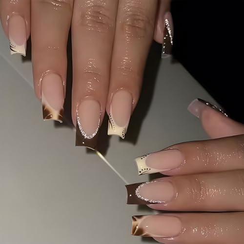 24 Stück Quadratische Presse Auf Nägeln Glitzernder Französischer Spitzen Glänzende Falsche Nägel Für Frauen Die Ihre Nägel Verbessern. von Qcbuegof