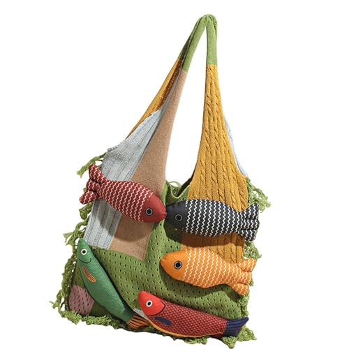 Großkapazität Strick Umhängetasche Mit Cartoon Fischen Dekore Perfekt Für Büro Freizeit Reisen Weiche Leichte Stoff Geräumiger Patchwork Pendlertasche Für Frauen von Qcbuegof