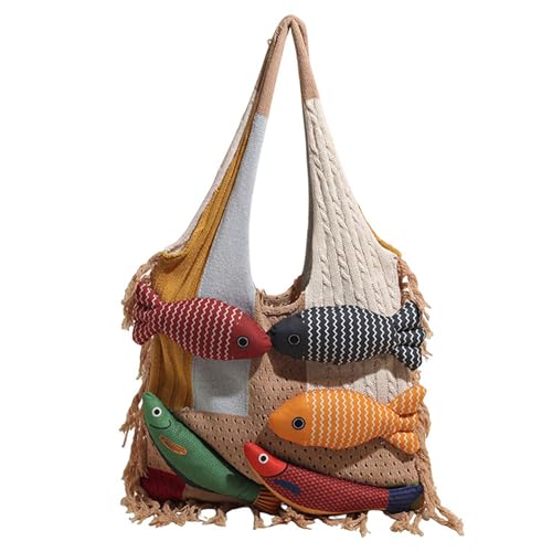 Großkapazität Strick Umhängetasche Mit Cartoon Fischen Dekore Perfekt Für Büro Freizeit Reisen Weiche Leichte Stoff Geräumiger Patchwork Pendlertasche Für Frauen von Qcbuegof