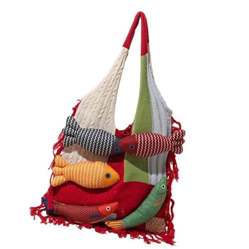 Großkapazität Strick Umhängetasche Mit Cartoon Fischen Dekore Perfekt Für Büro Freizeit Reisen Weiche Leichte Stoff Geräumiger Patchwork Pendlertasche Für Frauen von Qcbuegof