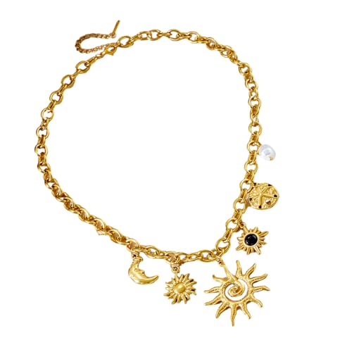 Längenverstellbare Halskette Vintage Sonne Mond Anhänger Halskette Schmuck Edelstahl Hals-Kette Für den Alltag Statement Dicke Kette Gold Schmuck von Qcbuegof