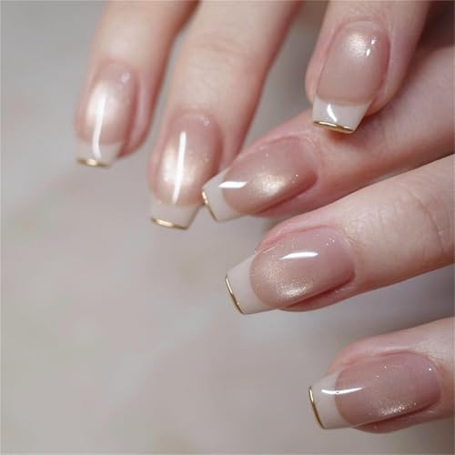 Press on Nails Quadratische Kunstnägel mit Metallic-Design, Katzenauge, glänzend, für Damen, Glitzer, Kleber auf Nagel von Qcbuegof