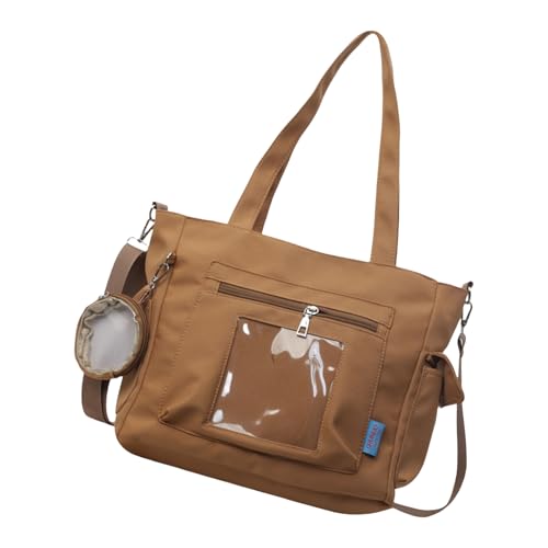 Qcbuegof Modische Handtasche mit abnehmbarer Geldbörse aus Segeltuch, große Umhängetasche, geeignet für verschiedene Anlässe, transparentes PVC-Display, braun, One Size von Qcbuegof