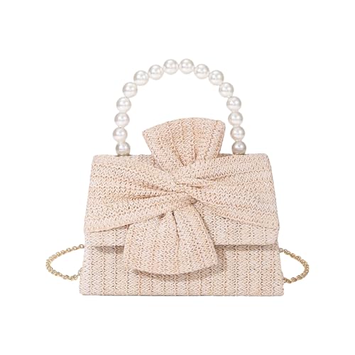Qcbuegof Trendige Strohtasche mit künstlichen Perlen, verziertes Design, geräumiges Fach, leichte Struktur, Mehrzwecknutzung, geräumige Damentasche, beige, One Size von Qcbuegof