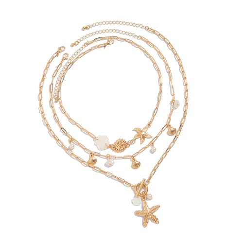 Stapelbare Halskette Seesterne Muscheln Gold mit Schlüsselbein Kette für Frauen Strandpartys Zubehör für heiße Tage Muscheln Halsketten mit Strandanhänger, Einheitsgröße, wie beschrieben, wie von Qcbuegof