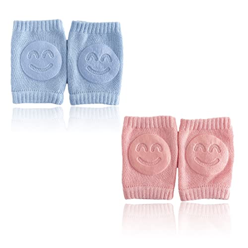 2 Paar Krabbelknieschoner für Neugeborene, Rutschfeste Krabbelhilfe aus Baumwolle, Rutschfeste Gummimatten aus Baumwolle für Unisex, Blau Rosa von Qccige