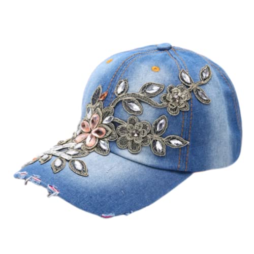 Damen Baseball Cap Verstellbar Baseballmütze Frau Mädchen Basecap mit Diamant Kappe Denim Baseball Sports Sonnenhut Jeans Mütze Sonnenschutz Schirmmütze Fashion Baseballkappe für Outdoor Sport Reisen von Qchomee