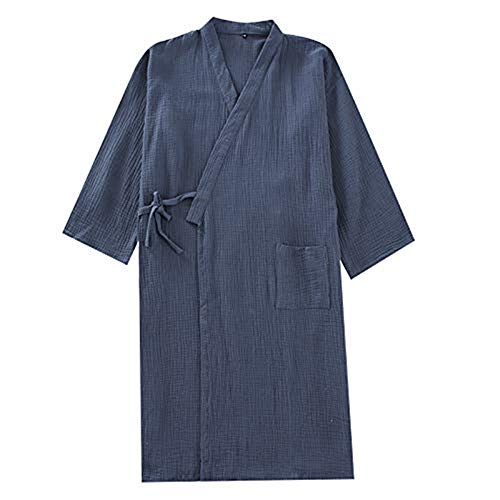 Herren Kimono Morgenmantel Casual Yukata V-Ausschnitt Schlafrock Langarm Schlafmantel Schlafshirt Baumwolle Bademantel Japanische Saunamantel Gemütlich Nachtwäsche Sleepwear mit Tasche (Dunkelblau) von Qchomee