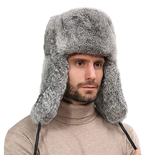 Qchomee Fliegermütze aus Kunstfell Pelzmütze Wintermütze Earflap Trapper Mütze Winter Warm Bombermütze Trappermütze Fellmütze Russenmütze Russische Skimütze für Herren Skating, Einheitsgröße, Grau von Qchomee