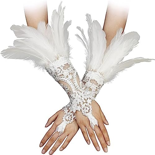 Qchomee Halloween Spitzenhandschuhe mit Fingerschlaufe  Feder Spitze Lange Handschuhe Armstulpen Fingerlose Elegant Gothic Handstulpe Steampunk Armband Mesh Manschette Handschuhe Hexe Spinnennetz von Qchomee