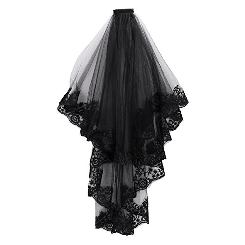 Qchomee Schleier Cosplay Kostüm Brautschleier Mesh Kathedrale Hochzeit Zwei Schichten mit Kamm Haarschmuck Halloween Accessoires Spitze Witwenschleier Ellenbogen-Länge Haar Hexe Schwarz Fotografie von Qchomee