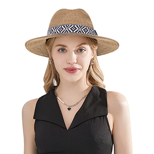 Weiche Strohhut Panama Hut mit Stoffband Sonnenschutz Breite Krempe Sonnenhut Faltbare Seegrashut Damen Herren Sommerhut Outdoor Strandhut Sommer Fedora Jazz Hut UPF 50 + Aufrollen Hut für Strand von Qchomee