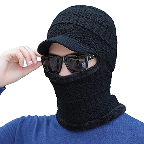 Winter Warme Balaclava Herren Kapuzenschal Plüschfutter Wintermütze Schalmütze mit Schirm Sturmhaube Outdoor Schlupfmütze Winddicht Gesichtshaube Skihaube Strickmütze Schal für Snowboard Skifahren von Qchomee