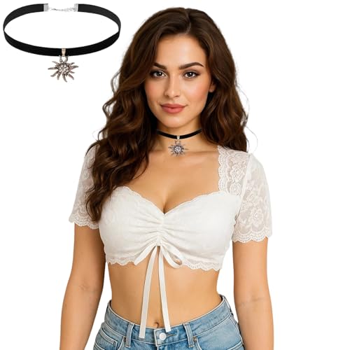 QckZee Dirndl Bluse Damen Weiß (XL), Dirndlbluse Spitze Kurzarm Dirndlblusen Kordelzug Spitzenbluse Damen, Dirndl Elegante Trachtenbluse für Bayrische Tracht Oktoberfest(XL) von QckZee