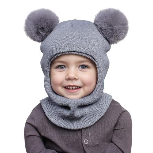 QckZee Kleinkind Baby SchalMütze Warm Niedlich, Schlupfmütze Kinder, Babymütze Strickmütze mit Bommel Samtfutter Kinder 2 in 1 Wintermütze mit Samtfutter Earflap Mütze für Baby 2-7 Jahre Grau von QckZee
