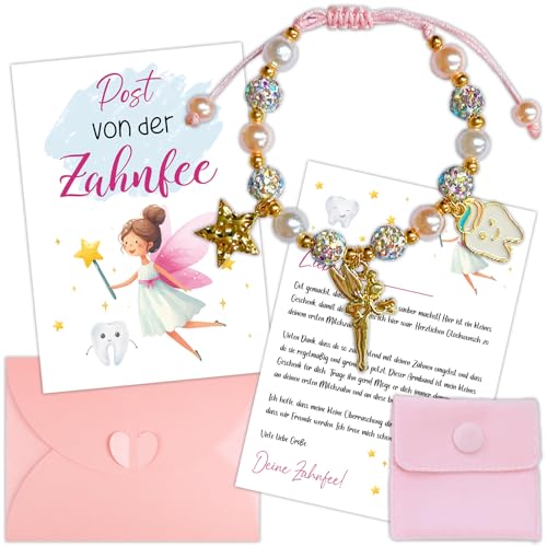 QckZee Zahnfee Geschenke Mädchen, Zahnfee Postkarte Perlenarmband Armband Milchzahn Überraschung, Bunt Armbänder zum Einschlung Geburtstag Taufe Weihnachten Geschenke für Tochter Nichte Patenkind von QckZee