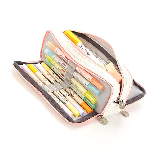 Qcwwy Federmäppchen aus Segeltuch mit Großem Fassungsvermögen, Schreibwarentasche mit Mehreren Fächern und Doppelter Öffnung für die Schule, Teenager-Stifttasche (Rosa weißes kleines von Qcwwy