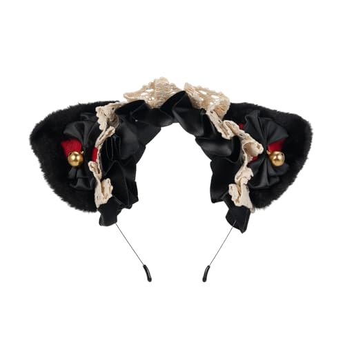 Qcwwy Flauschige Katzenohren Stirnband Entzückende Haarverzierung für Mädchen und Frauen, Plüschbandhaarband für Cosplay und Partys, Schwarz Rosa weiß Blau, eine Größe Passt zu Allem (Schwarz & rot von Qcwwy