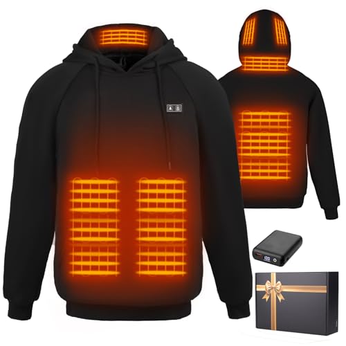 Qdreclod Beheizter Kapuzenpullover für Herren und Damen, mit Akku, 7,4 V, 12000 mAh, beheizter Kapuzenpullover, Sweatshirts, 6 Heizzonen (DE/NL/SE/PL, Alphanumerisch, L, Regular, Regular, Schwarz) von Qdreclod