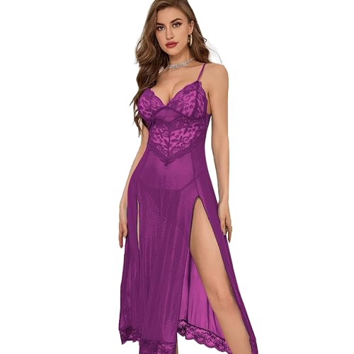 QeeFop Damen Dessous V-Ausschnitt Spitze Strapsen Kleid Bodysuit Longe Nachtwäsche Seitlich Geschlitztes Negligee Unterwäsche Langer Rock mit Tanga von QeeFop