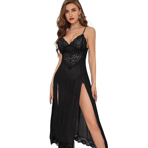 QeeFop Damen Dessous V-Ausschnitt Spitze Strapsen Kleid Bodysuit Longe Nachtwäsche Seitlich Geschlitztes Negligee Unterwäsche Langer Rock mit Tanga von QeeFop