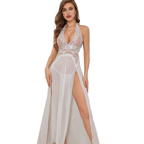QeeFop Damen Dessous V-Ausschnitt Spitze Strapsen Kleid Bodysuit Longe Nachtwäsche Seitlich Geschlitztes Negligee Unterwäsche Langer Rock mit Tanga von QeeFop