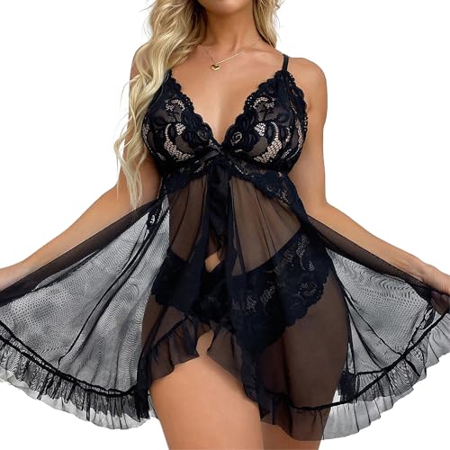 QeeFop Dessous Damen Sexy Unterwäsche Nachthemd Spitze Strapsen Babydoll Kleider V-Ausschnitt Nachtwäsche Sexiuntewäsche für Damen von QeeFop