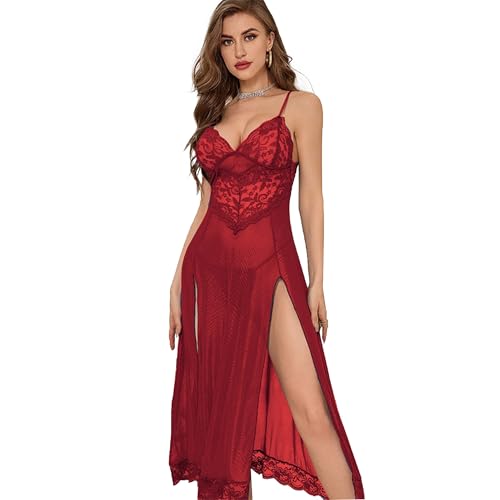 QeeFop Damen Dessous V-Ausschnitt Spitze Strapsen Kleid Bodysuit Longe Nachtwäsche Seitlich Geschlitztes Negligee Unterwäsche Langer Rock mit Tanga von QeeFop