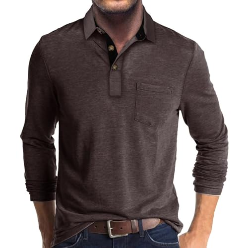 Herren Casual Polo Shirts Klassische Knopf Basic Langarm Shirt Einfarbig Baumwolle Tees Stilvolle Tops, Kaffee, L von Qekoma