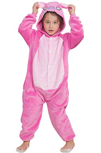 Qemsele Kinder Jumpsuits Kigurum Kostüm Tier Onesie 3D Kapuzenpullover Nachtwäsche Nachthemd Schlafanzug Cosplay Weihnachten Halloween (130 für Höhe 120-130CM (47 "-51"), PinkStitch) von Qemsele