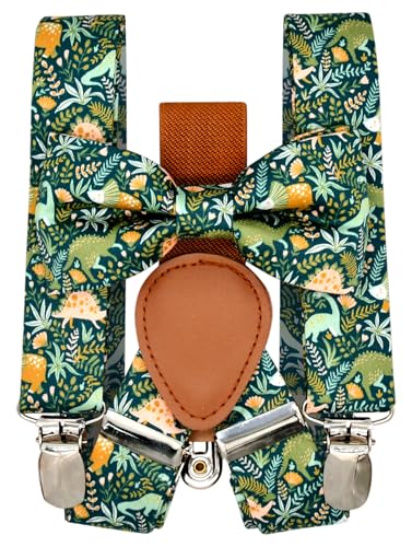 Qenidm Hosenträger-Fliegen-Set für Jungen, Dschungel-Dinosaurier, Small von Qenidm