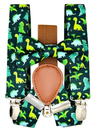 Qenidm Hosenträger-Fliegen-Set für Jungen, Niedlicher Dinosaurier, X-Small von Qenidm
