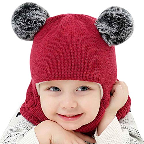 Qersh 2-7 Jahre alt Baby Wintermütze Schal Mädchen Set Strickmütze Babymütze Mütze Set Baby Mütze Warme Winter Beanie Hut Jungen runder Schal Set (Rotwein, 2-7 Jahre alt) von Qersh