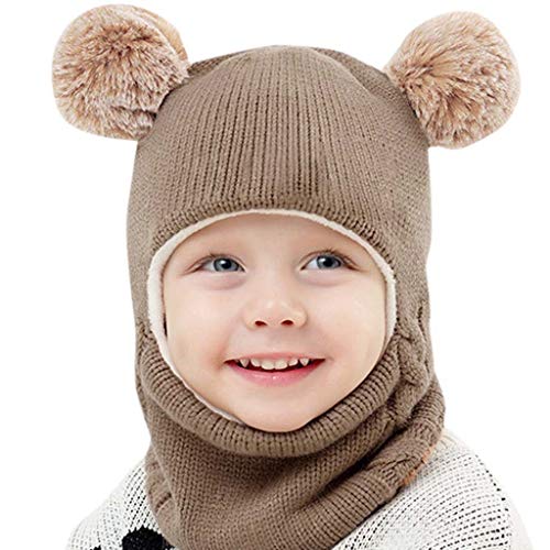 Qersh Baby Wintermütze Schal Schlupfmütze Warm Niedlich Bär Wintermütze Schalmütze Strickmütze mit Bommel Fleecefutter Beanie Mütze für 2-7 Jahre alt Baby (Kaffee, 2-7 Jahre alt) von Qersh