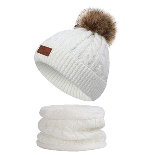 Qersh Baby Wintermütze Schal Schlupfmütze Warm Niedlich BärWintermütze Schalmütze Strickmütze mit Bommel Fleecefutter BeanieMütze Baby (S06, 2-7 Jahre alt) von Qersh