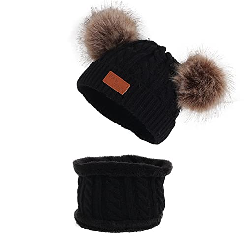 Qersh Baby Wintermütze Schal Schlupfmütze Warm Niedlich BärWintermütze Schalmütze Strickmütze mit Bommel Fleecefutter BeanieMütze Baby (S08, 2-7 Jahre alt) von Qersh