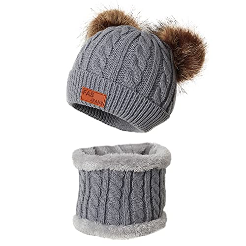 Qersh Baby Wintermütze Schal Schlupfmütze Warm Niedlich BärWintermütze Schalmütze Strickmütze mit Bommel Fleecefutter BeanieMütze Baby (S09, 2-7 Jahre alt) von Qersh