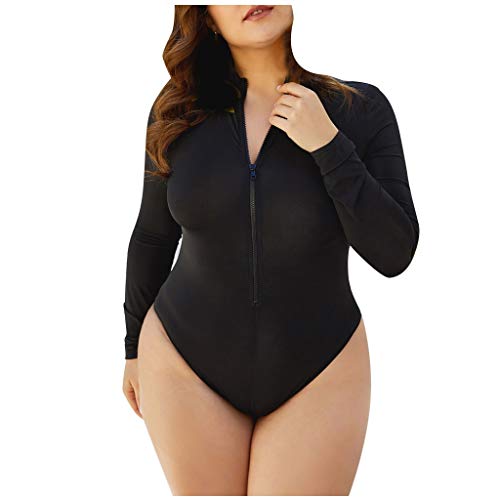 Qersh Damen Badeanzug Surfanzug schwarz Plus größe Langarm Einteiliger Badeanzug Reißverschluss High Neck Sportlich Tauchen Triangel Bademode (Schwarz, XXXL) von Qersh