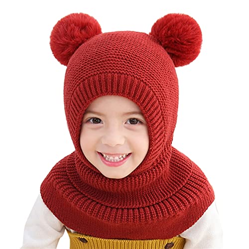 Qersh Kinder Mütze Mädchen Junge Winter Wintermütze mit 2 Bommel Warme Strickmütze Mädchen Dicke Kindermützen Winddicht Kälteschutz Mütze für Baby Kinder Mütze Skimütze Kinder Baby Schalmütze Winter von Qersh